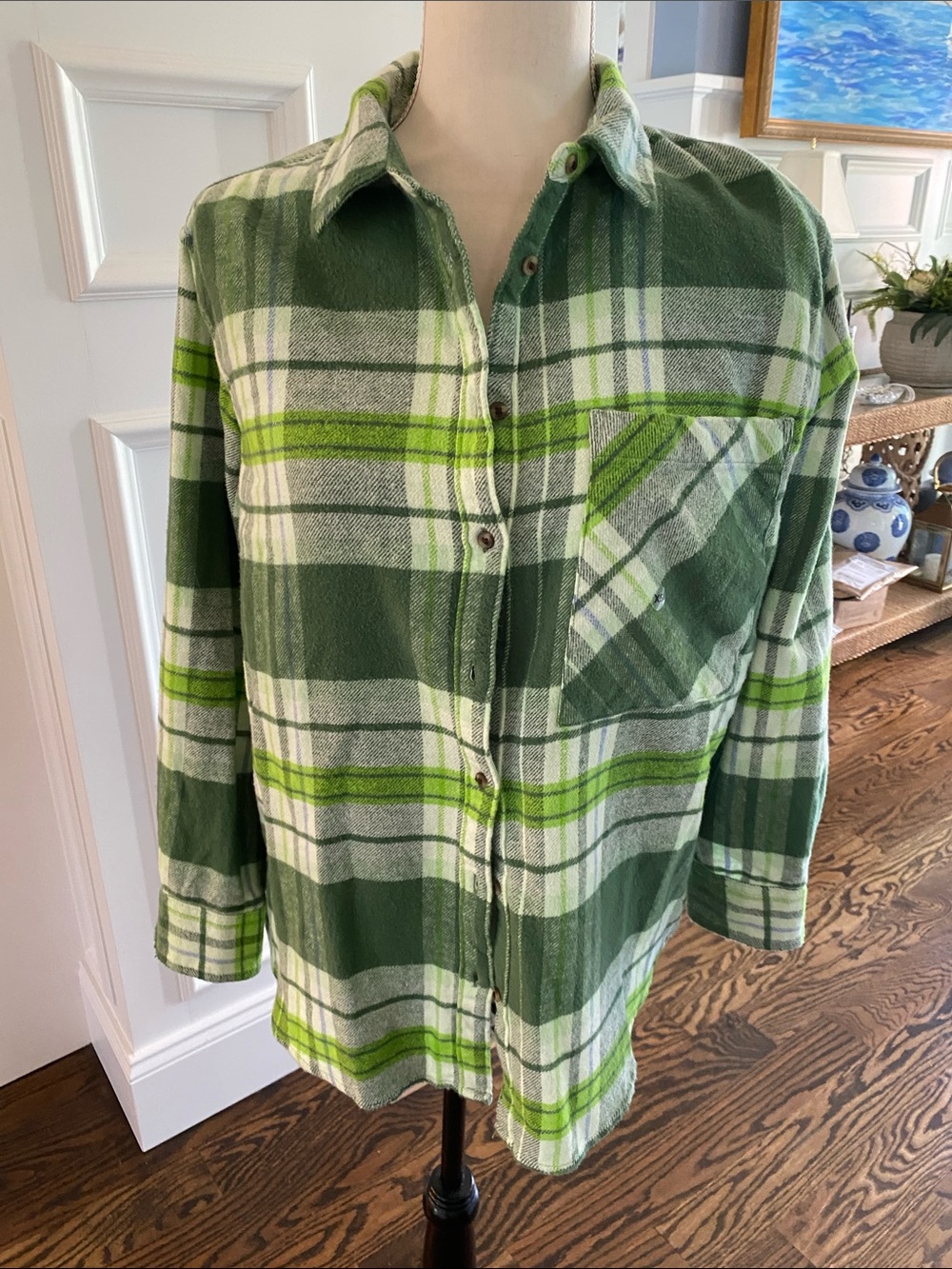 Aerie Green and White Plaid Flannel Shirt